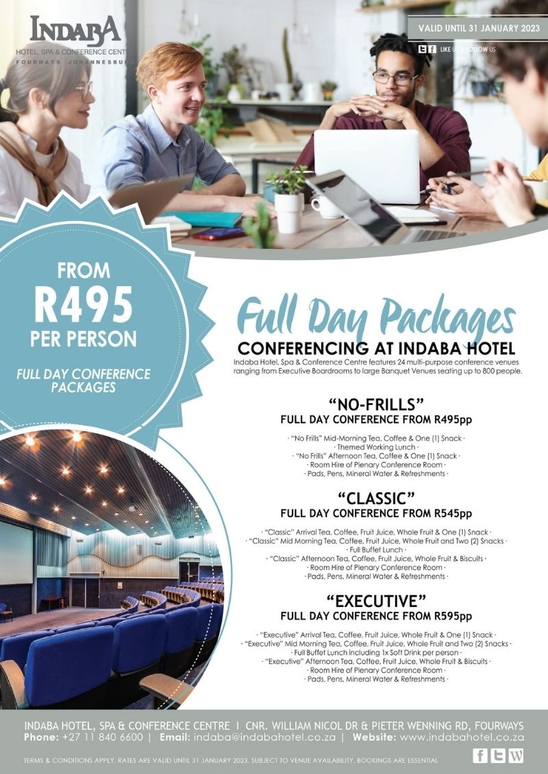 ‘No frills’ full day conferencing at Indaba Hotel Sandton Tourism